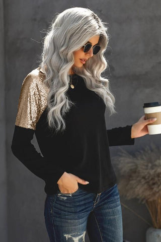 Sequined Shoulder Tunic Top - Black