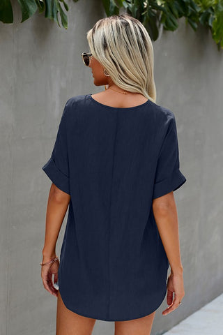 Linen Feel V-Neck Top - Navy