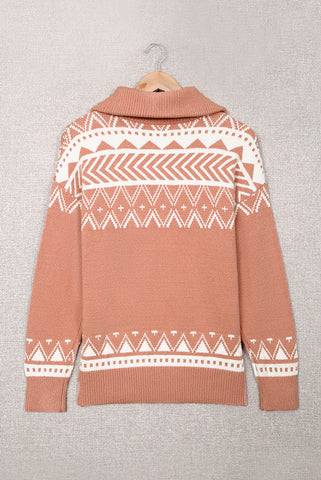 Aztec Zip Up Sweater - Pink