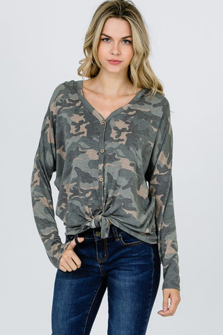 Button Up Hooded Camo Top