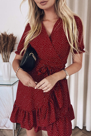 Ruffle Dotted Wrap Dress - Red