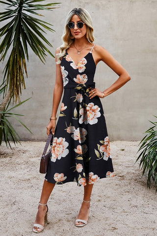 Belted Midi Dress - Black with Pink Flowers