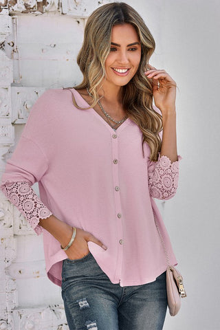 Button Up Thermal Crochet Top - Black