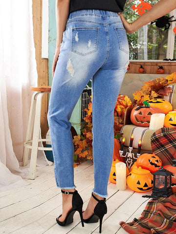 Elastic Waist Ripped Jeans - Light Denim