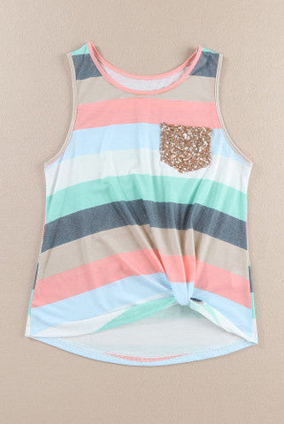 Striped Tank Top with Sequined Pocket