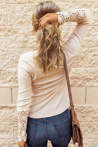 Crochet Sleeve Henley Top - Beige