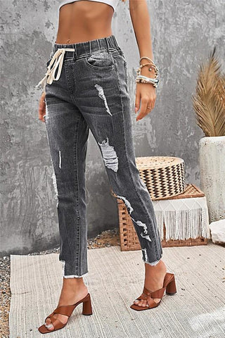 Elastic Waist Ripped Jeans - Black