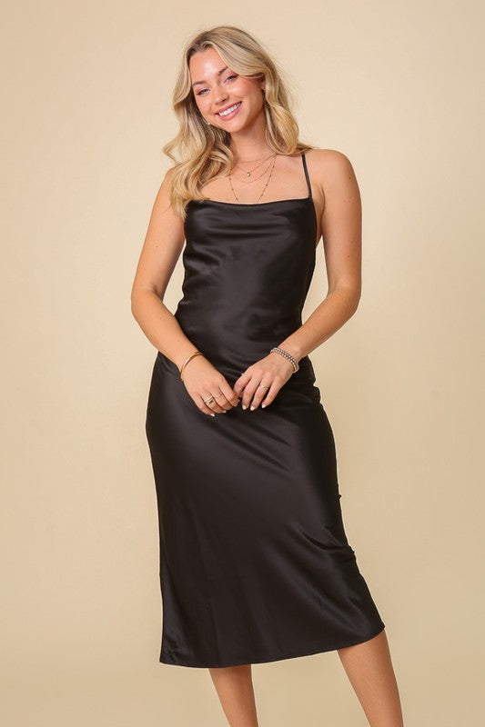 Midi Satin Cocktail Dress - Black | Blue Chic Boutique Midi Satin Cocktail Dress - Black | Blue Chic Boutique