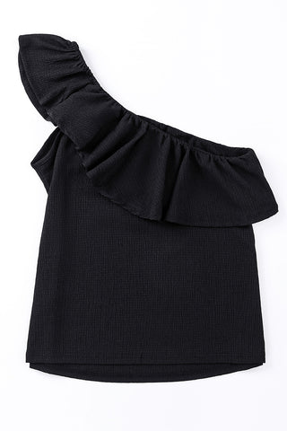 Crinkle Fabric One Shoulder Top - Black