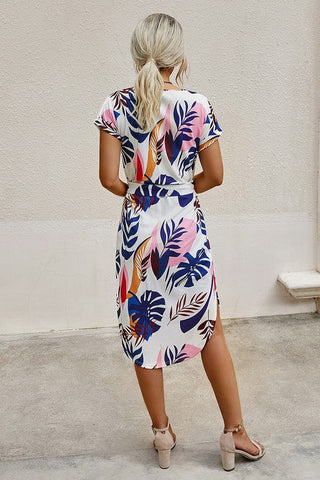 Work Friendly Midi Floral Dress - White Tropical Print