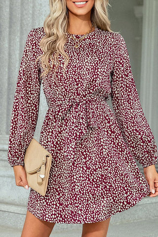 Dots Long Sleeve Tie Dress - Burgundy