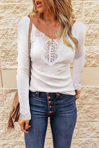 Lace Detail Henley Top - White