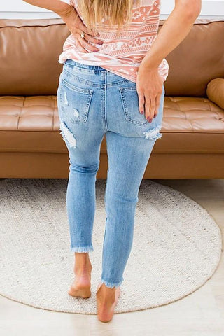 Elastic Waist Ripped Jeans - Light Denim