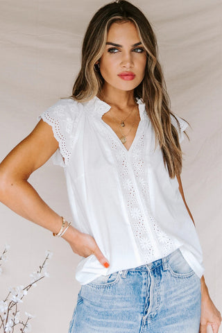 Embroidered Eyelet Cap Sleeve Top - White
