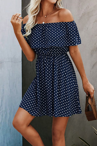 Polka Dot Off Shoulder Dress - Navy