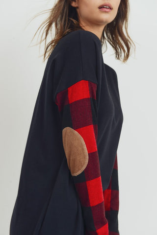 Elbow Patch Buffalo Plaid Tunic Top - Black