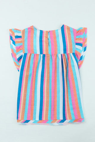 Linen Colorful Striped Ruffle Sleeve Top - Bright