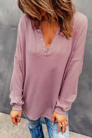 Casual Pullover Top with Buttons - Pink