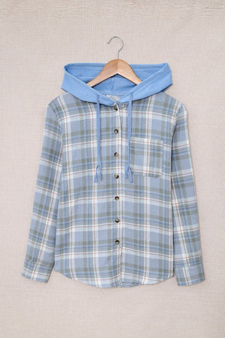 Lightweight Flannel Plaid Hooded Top - Blue