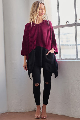 Sweater Poncho with Pockets - Wine and Black