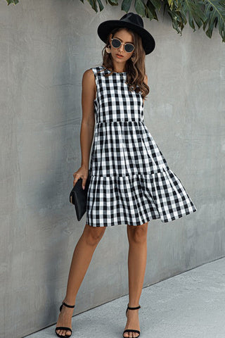 Checkered Sleeveless Dress -  Black