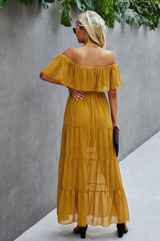 Off Shoulder Swiss Dot Maxi Dress - Yellow