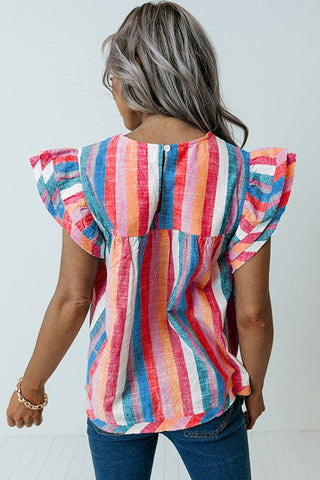 Linen Colorful Striped Ruffle Sleeve Top - Bright