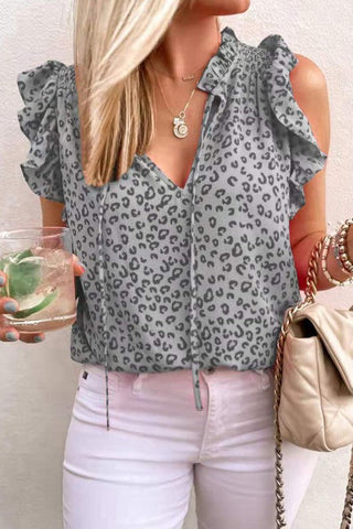 V-Neck Leopard Print Top - Gray