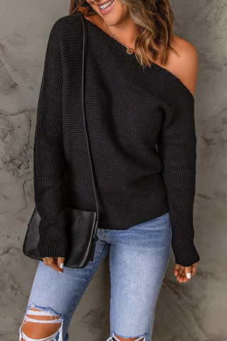 Off Shoulder Simple Sweater - Black