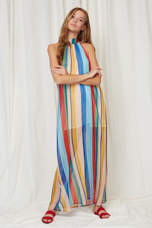 Rainbow Stripes Halter Maxi Dress by Peach Love | Blue Chic Boutique Rainbow Stripes Halter Maxi Dress by Peach Love | Blue Chic Boutique