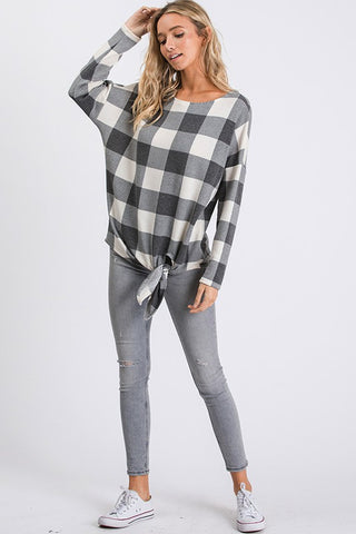 Ivory and Black  Buffalo Plaid Tie Top