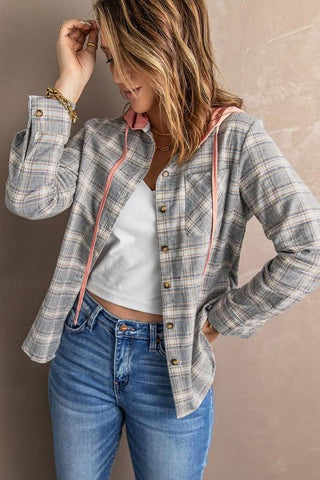 Lightweight Plaid Hooded Top - Light Pink