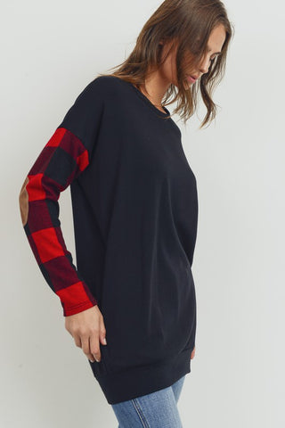 Elbow Patch Buffalo Plaid Tunic Top - Black