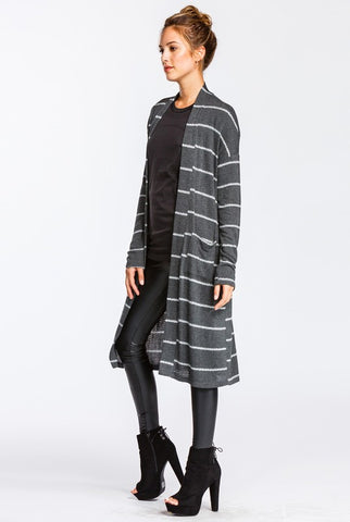 Long Striped Cardigan - Charcoal