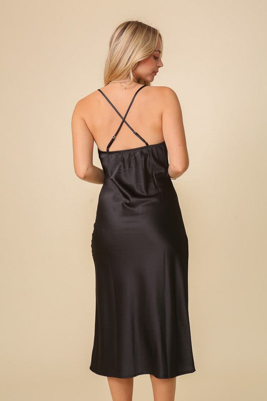 satin cocktail dresses Spaghetti Strap Backless Ruched Twist for Women Silk Open Back Cut Out Midi Dress Wedding Guest Black at Amazon Women's Clothing store shoulder design Cowl Neck Open Back &