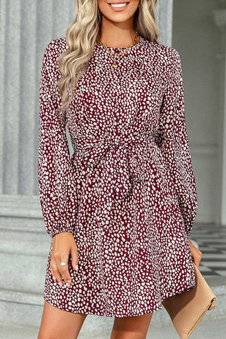 Dots Long Sleeve Tie Dress - Burgundy