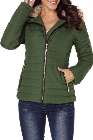 Faux Fur Collar Jacket - Olive Green