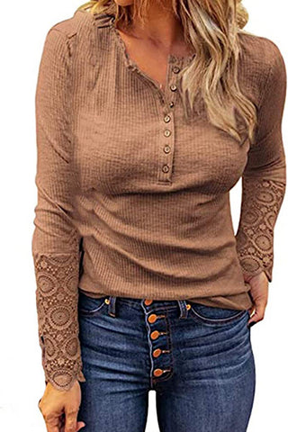 Crochet Sleeve Henley Top - Brown