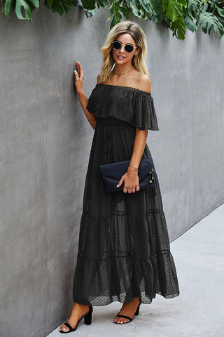 Off Shoulder Swiss Dot Maxi Dress - Black
