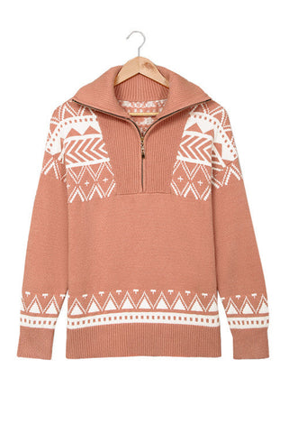 Aztec Zip Up Sweater - Pink