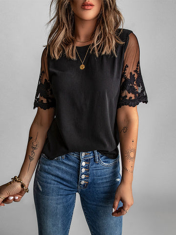 Lace Sleeve Short Sleeve Top - Black