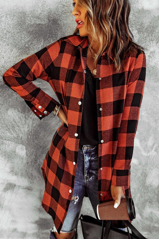 Duster Length Snap Flannel Plaid Shirt - Red