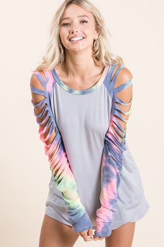 Rainbow Laser  Cut Sleeve Top - Gray