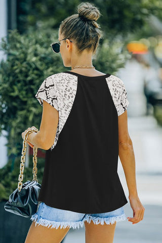 Leopard and Snakeskin Print Short Sleeve Top - White