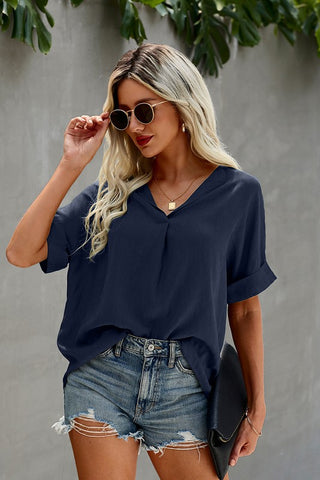 Linen Feel V-Neck Top - Navy