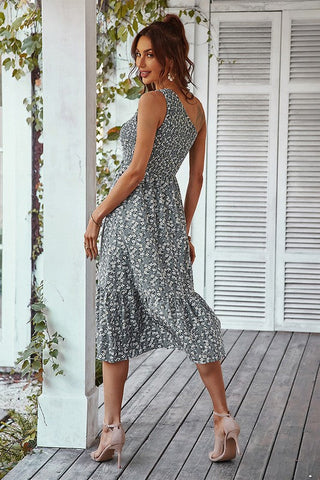 One Shoulder Midi Floral Dress - Gray