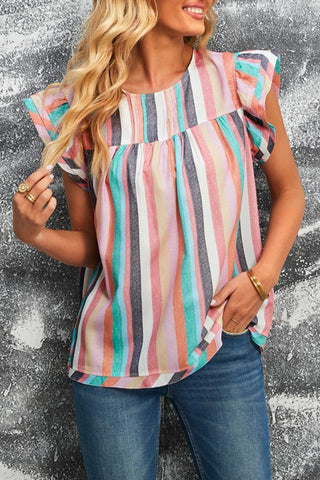 Linen Colorful Striped Ruffle Sleeve Top - Pastel