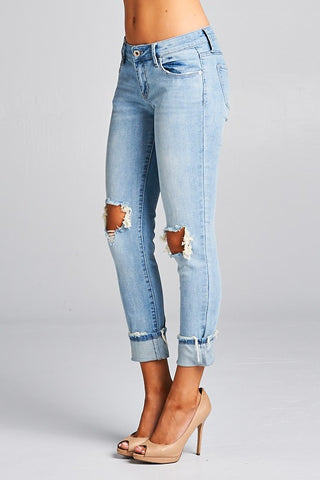 Distressed Light Wash Rolled Jeans