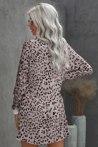 Long Sleeve Leopard Print Shift Dress with Pockets - Taupe