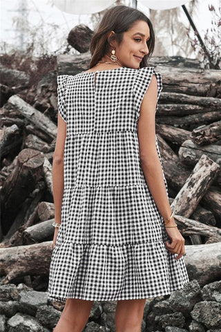 Gingham Ruffle Sleeve Dress - Black